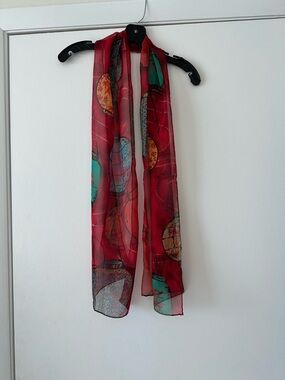 Chico's Sheer Red Scarf with Teal and Gold Accents 100% Silk